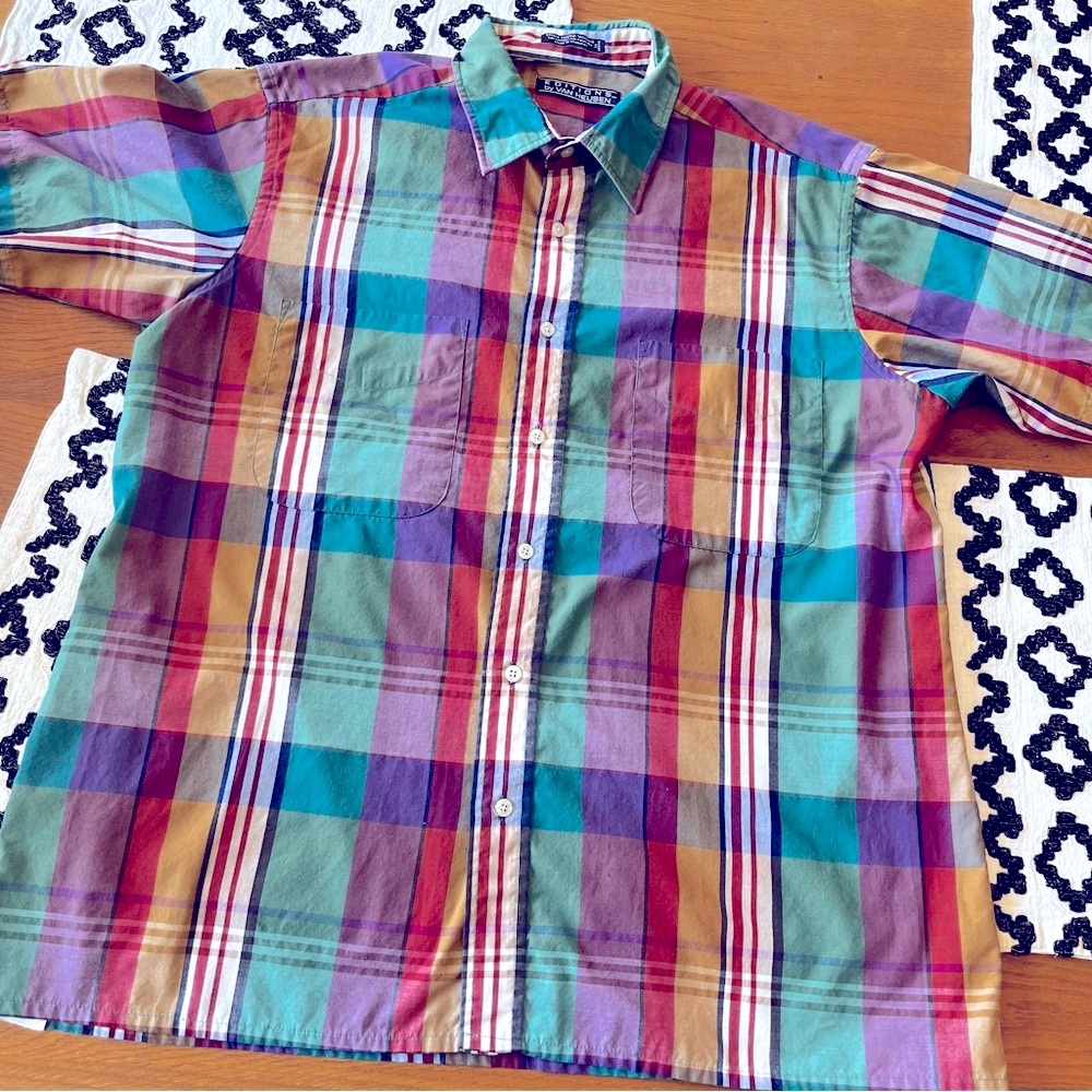 Vintage Editions by Van Heusen colorful Plaid collared button down shirt mens L